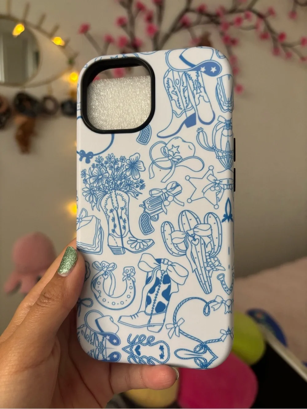 White & Blue Western Print Phone Case - Compatible Cell Accessory iPhone 15